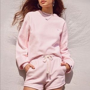 champion pink and white plaid crew neck